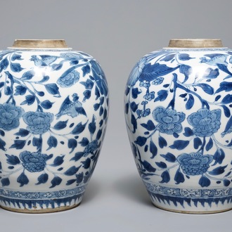A pair of Chinese blue and white floral ginger jars, Kangxi