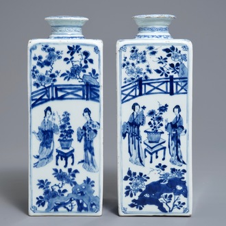 A pair of Chinese blue and white 'Long Eliza' square tea caddies, Yu mark, Kangxi