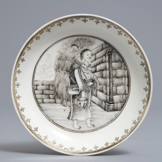 A Chinese grisaille 'Provender of the Monastery' saucer, Qianlong