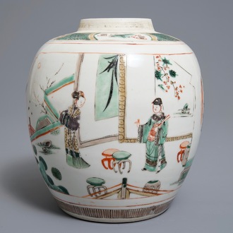 A Chinese famille verte 'Romance of the Western chamber' jar, Kangxi