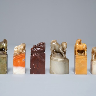 Six various Chinese hardstone seals with horses, 19/20th C.