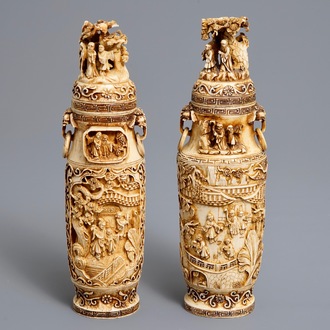 Une paire de vases couverts en ivoire sculpté, Chine, 1er quart du 20ème