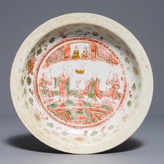 A Chinese polychrome Swatow charger with figures in a temple, Ming