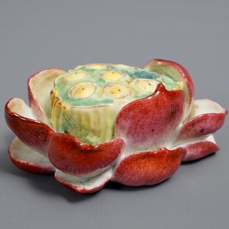 A Chinese famille rose lotus flower-shaped incense holder, 20th C.