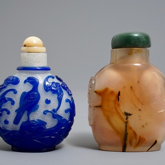 Two Chinese agate and overlay glass snuff bottles, 19/20th C.