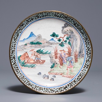 A Chinese Canton enamel plate with fishermen, Qianlong