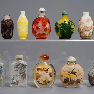 Ten Chinese overlay and inside-painted glass snuff bottles, 20th C.