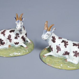 A pair of polychrome Dutch Delft models of goats, 18th C.