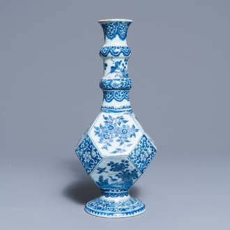 A Dutch Delft blue and white facetted bottle vase, last quarter 17th C.
