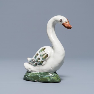 A polychrome Dutch Delft model of a swan, 18th C.