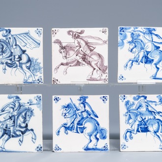 Six Dutch Delft blue, white and manganese tiles with fine horse riders, 17/18th C.