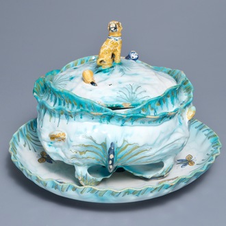 A Brussels faience tureen and cover on stand with butterflies and caterpillars, 18th C.