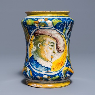 An Italian maiolica drug jar of 'albarello' type, Venice, 2nd half 16th C.