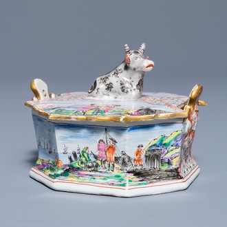 A polychrome Dutch Delft petit feu and doré butter tub with a reclining cow, 19th C.