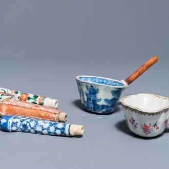 Three Chinese famille verte, rose and blue and white knife handles and two ladles, Kangxi/Qianlong