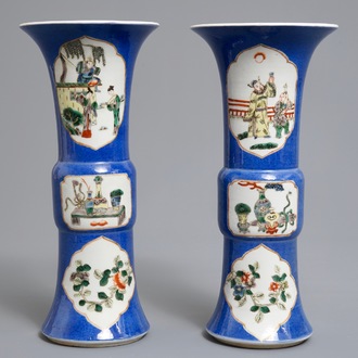 A pair of Chinese famille verte on powder blue ground gu vases, Kangxi mark, 19th C.