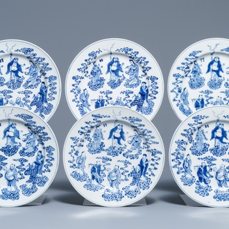 Six Chinese blue and white 'Eight Immortals' plates, Xuande marks, 19th C.
