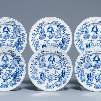 Zes Chinese blauwwitte borden met de acht onsterfelijken, Xuande merken, 19e eeuw