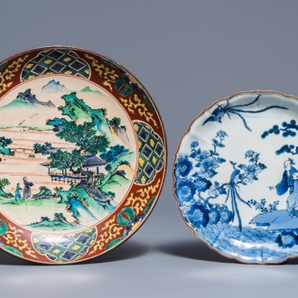 A Japanese blue and white Arita moulded plate and a Kutani dish, Edo/Meiji, 17th and 19th C.