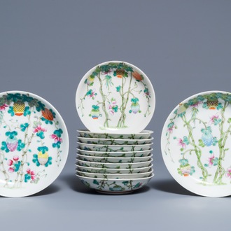 Twelve Chinese famille rose plates with balsam pears and bamboo, Qianlong and Guangxu marks, Republic, 20th C.