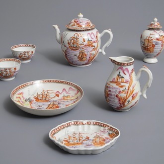 A Chinese famille rose 8-piece tea service with European ships, Qianlong