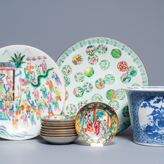 Two Chinese famille rose dishes, nine Canton saucers and a blue and white flowerpot, 19th C.