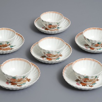 Six lobed Chinese famille rose cups and saucers with floral designs, Qianlong