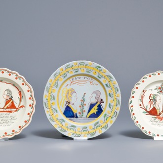 Three Dutch Delft and English creamware 'William & Mary' plates, 18th C.