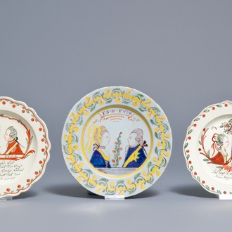 Three Dutch Delft and English creamware 'William & Mary' plates, 18th C.