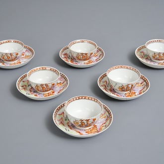 Six Chinese famille rose cups and saucers with European ships, Qianlong