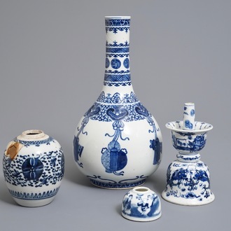 Two Chinese blue and white vases, a candlestick and a brush washer, 19th C.