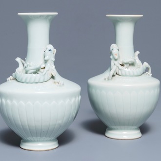 A pair of Chinese ru-style glazed vases with applied qilong, Yongle mark, 19th C.