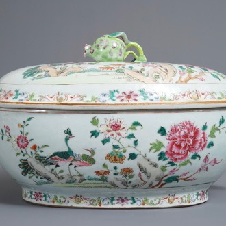 A Chinese famille rose 'double peacock' tureen and cover, Qianlong