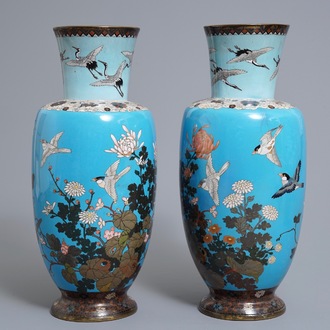 A pair of Japanese cloisonné vases with birds and flowers, Meiji, 19th C.