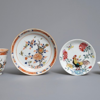 Two Chinese famille rose and verte-Imari cups and saucers, Kangxi/Qianlong