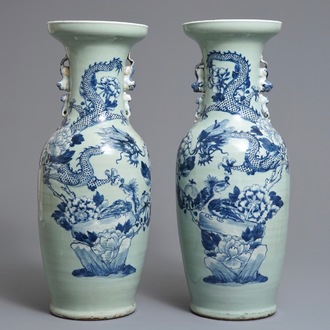 A pair of Chinese blue and white celadon ground vases with dragons and phoenixes, 19th C.