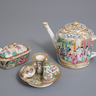 A Chinese Canton famille rose teapot, a candle holder and box and cover, 19th C.