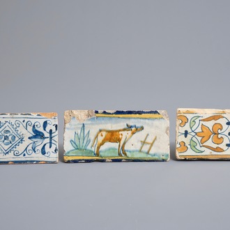 Three polychrome and blue and white Dutch Delft maiolica border tiles, early 17th C.