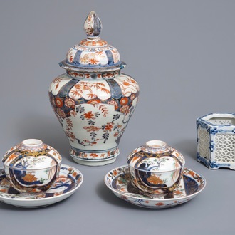 A pair of Japanese covered bowls on stands, a covered vase and a reticulated incense burner, Edo/Meiji, 18/19th C.