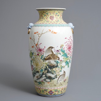 A Chinese famille rose 'quails' vase, sealmark, 20th C.