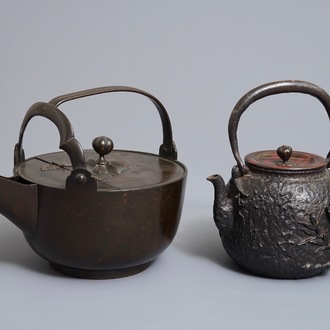 Two Japanese cast iron and bronze tetsubin kettles, Meiji, 19th C.