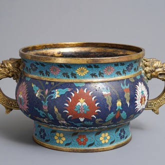 A large Chinese cloisonné incenser burner with lotus scrolls, Ming/Qing