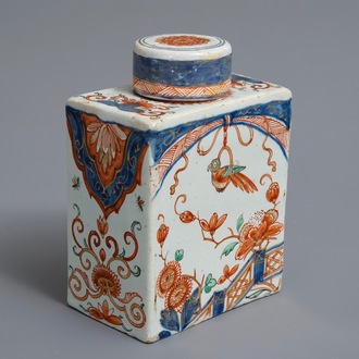 A polychrome Dutch Delft petit feu and doré tea caddy, 18th C.