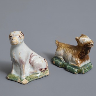 Two polychrome Dutch Delft miniatures of a dog and a goat, 18th C.