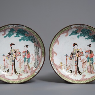 A pair of Chinese Canton enamel ruby back plates with Magu, Yongzheng