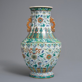 A Chinese doucai 'lotus scroll' vase, Qianlong mark, 19/20th C.