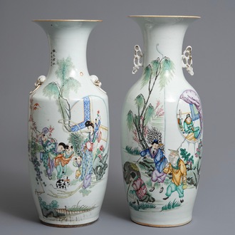 Two Chinese famille rose vases with figures in a garden, 19/20th C.