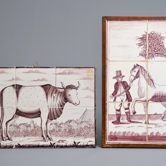 Twee mangane Delftse tegeltableaus met een stier en een man met paard, 19/20e eeuw