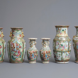 Six vases en porcelaine de Chine famille rose de Canton, 19ème