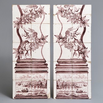 A pair of manganese Dutch Delft tile murals with cherub columns, 18th C.